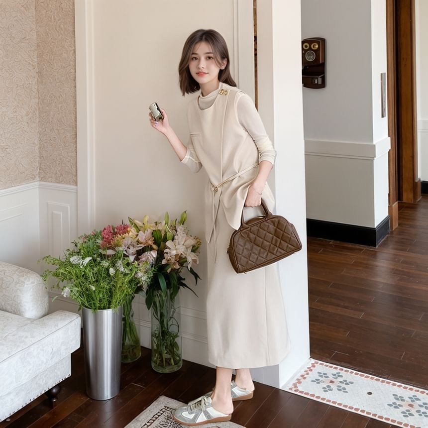 Vest & Slim Tee & High Waist Midi H-Line Skirt Three-Piece Set