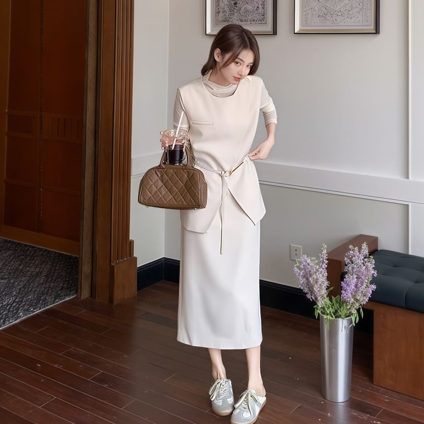 Vest & Slim Tee & High Waist Midi H-Line Skirt Three-Piece Set