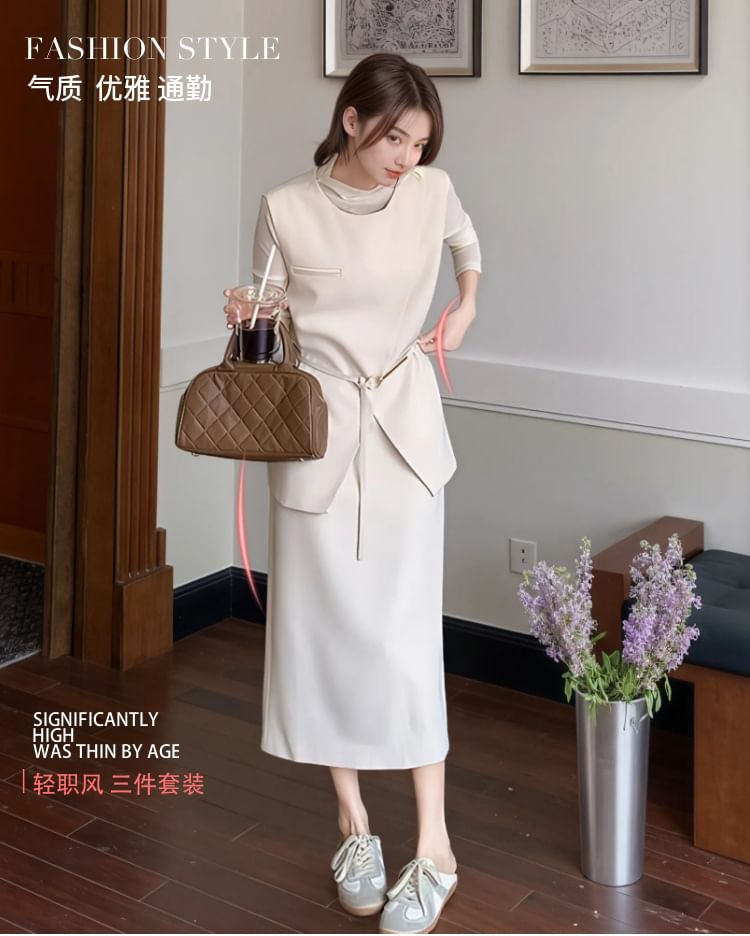 Vest & Slim Tee & High Waist Midi H-Line Skirt Three-Piece Set