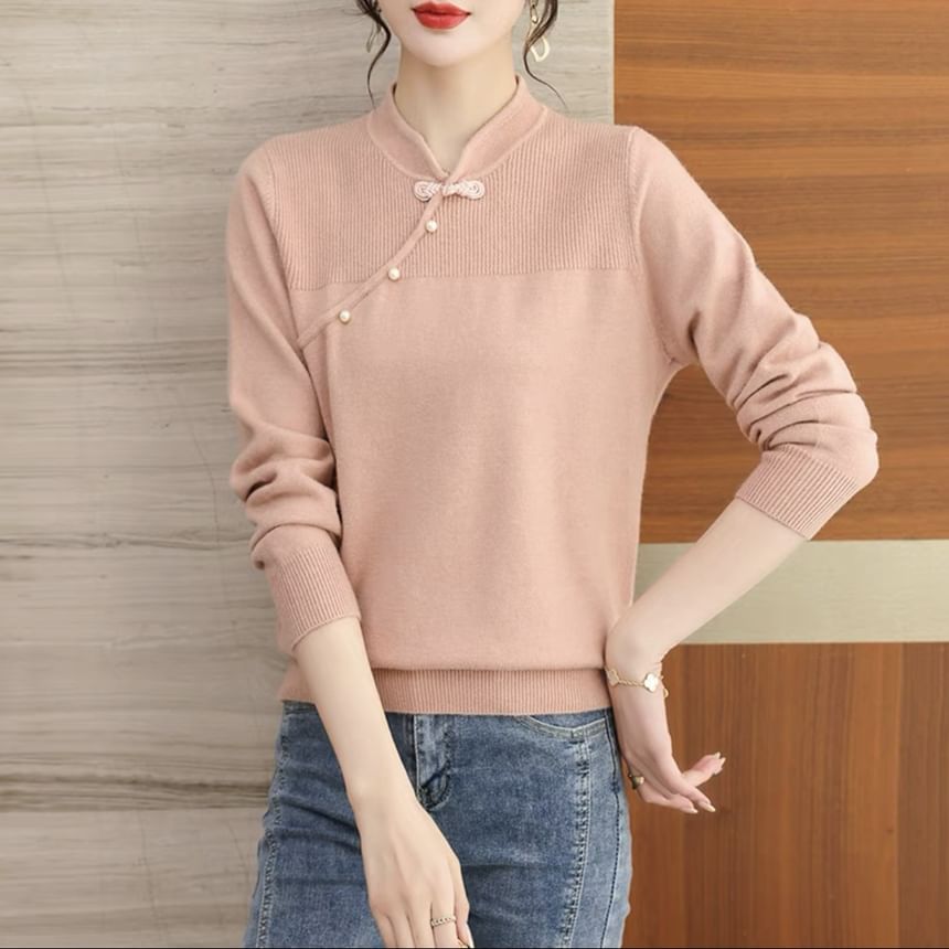 Ribbed Knit Top with Mandarin Collar and Frog Button Long Sleeves