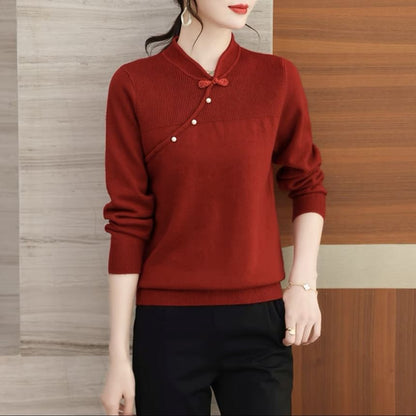 Ribbed Knit Top with Mandarin Collar and Frog Button Long Sleeves