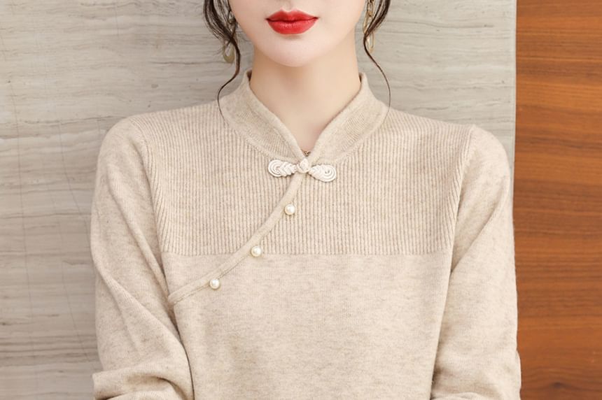 Ribbed Knit Top with Mandarin Collar and Frog Button Long Sleeves
