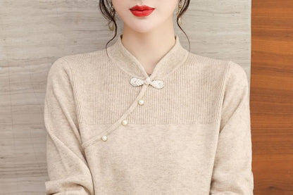 Ribbed Knit Top with Mandarin Collar and Frog Button Long Sleeves