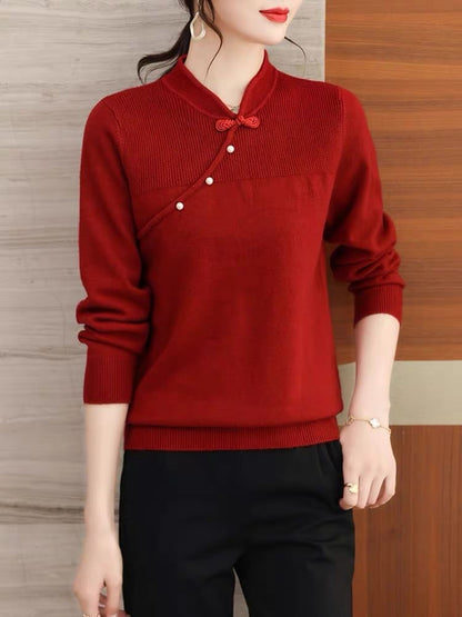 Ribbed Knit Top with Mandarin Collar and Frog Button Long Sleeves