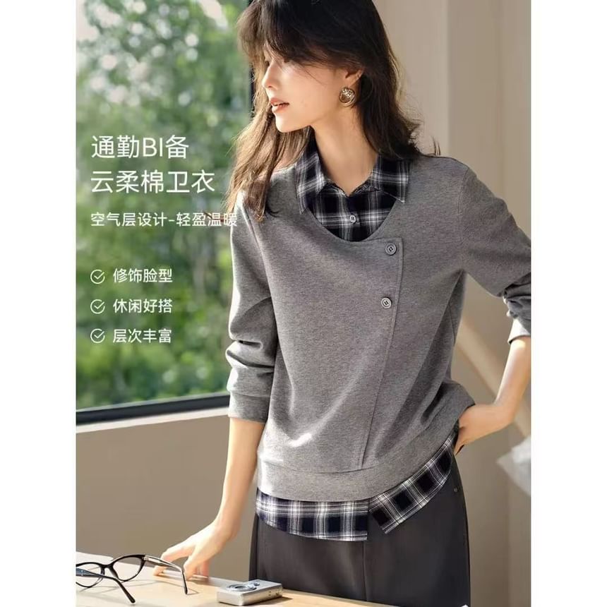 Plaid-Panel Sweatshirt with Faux Two-Piece Collar Design