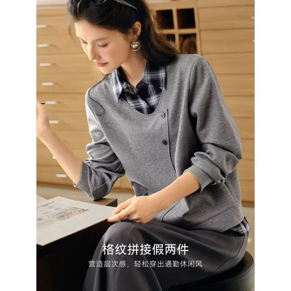 Plaid-Panel Sweatshirt with Faux Two-Piece Collar Design