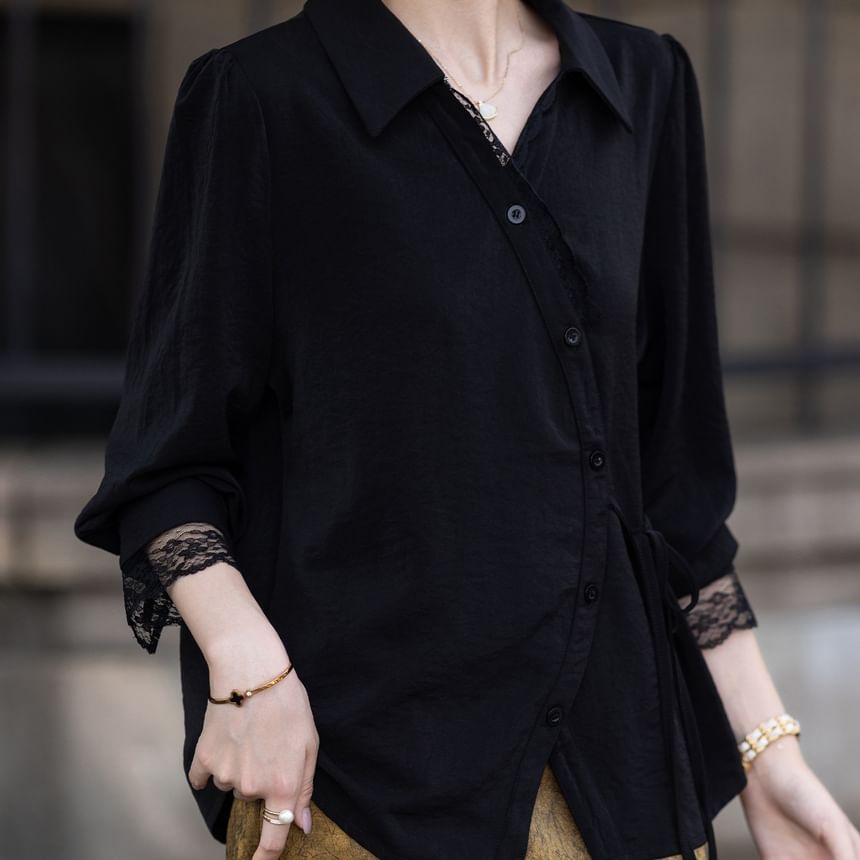 Asymmetrical Blouse with Lace Trim and Long Sleeves