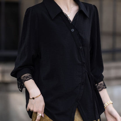 Asymmetrical Blouse with Lace Trim and Long Sleeves