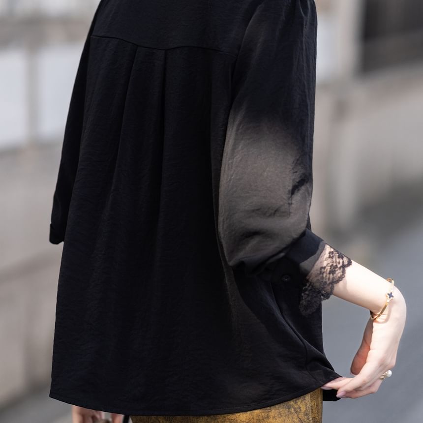 Asymmetrical Blouse with Lace Trim and Long Sleeves