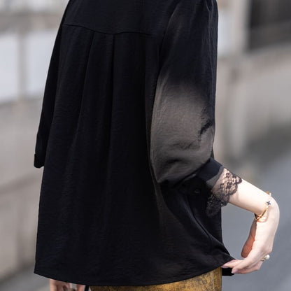 Asymmetrical Blouse with Lace Trim and Long Sleeves