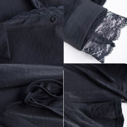 Asymmetrical Blouse with Lace Trim and Long Sleeves