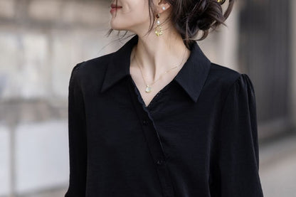 Asymmetrical Blouse with Lace Trim and Long Sleeves