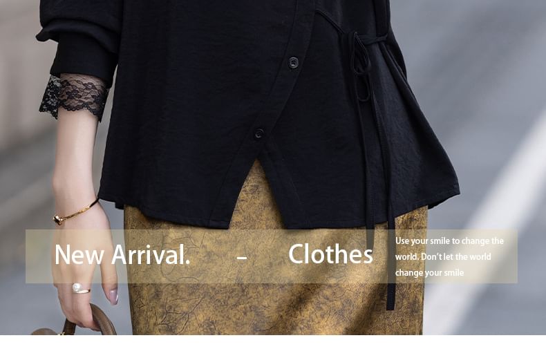 Asymmetrical Blouse with Lace Trim and Long Sleeves