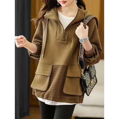 Half-Zip Hooded Sweatshirt with Paneled Design and Drawstring