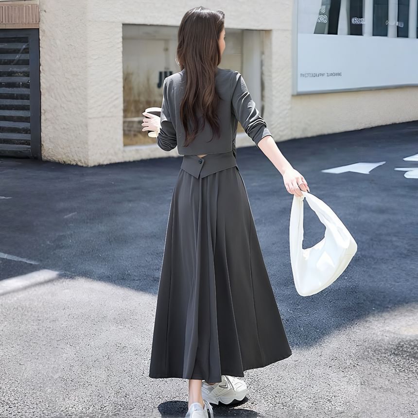 Set: Asymmetrical Crew-Neck Knit Top and Elastic-Waist Midi A-Line Skirt