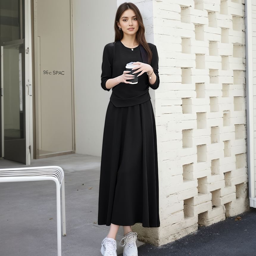 Set: Asymmetrical Crew-Neck Knit Top and Elastic-Waist Midi A-Line Skirt