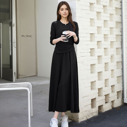 Set: Asymmetrical Crew-Neck Knit Top and Elastic-Waist Midi A-Line Skirt