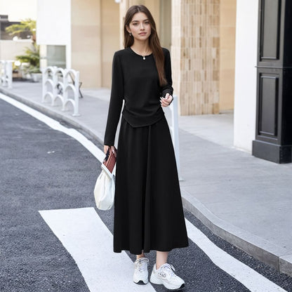 Set: Asymmetrical Crew-Neck Knit Top and Elastic-Waist Midi A-Line Skirt