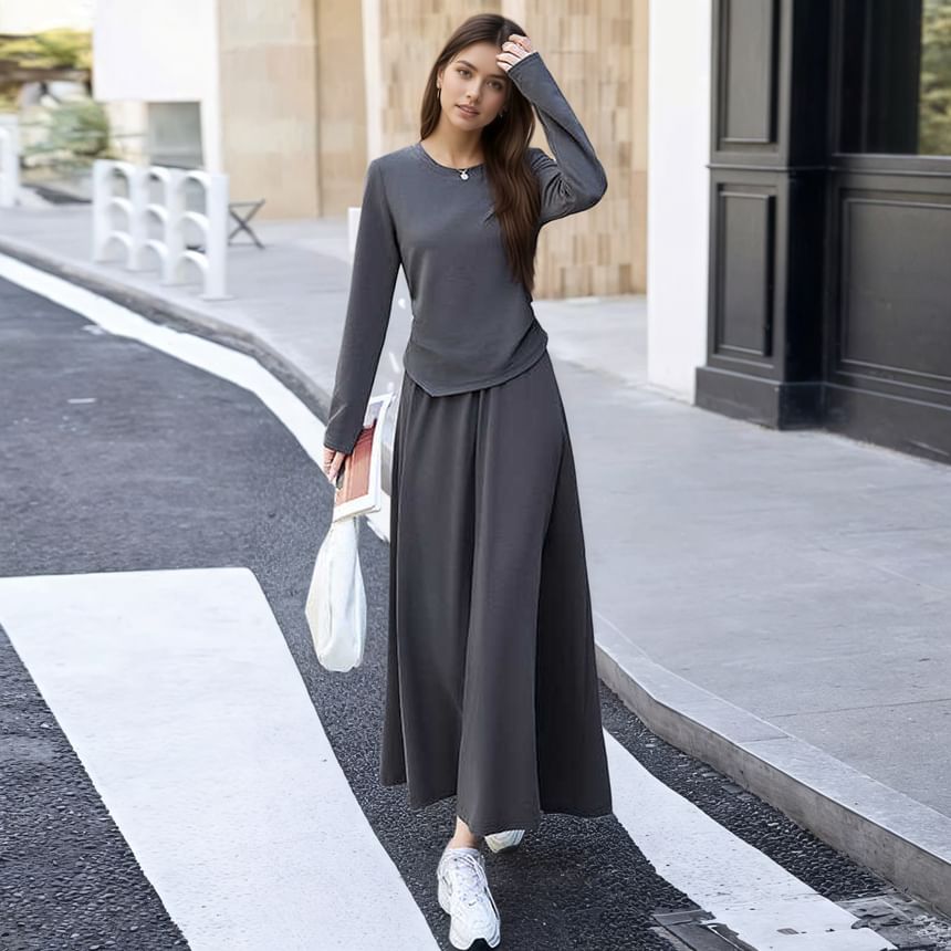 Set: Asymmetrical Crew-Neck Knit Top and Elastic-Waist Midi A-Line Skirt