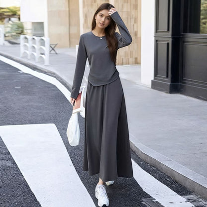 Set: Asymmetrical Crew-Neck Knit Top and Elastic-Waist Midi A-Line Skirt