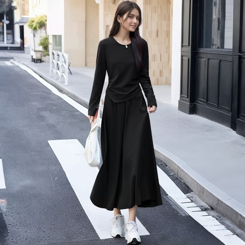 Set: Asymmetrical Crew-Neck Knit Top and Elastic-Waist Midi A-Line Skirt