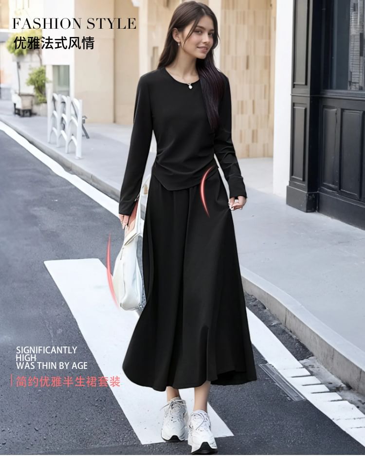 Set: Asymmetrical Crew-Neck Knit Top and Elastic-Waist Midi A-Line Skirt