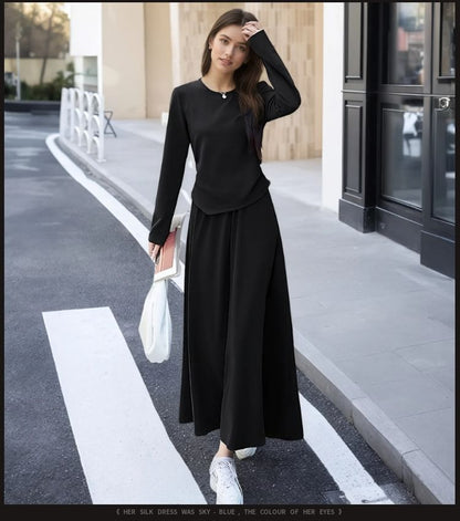 Set: Asymmetrical Crew-Neck Knit Top and Elastic-Waist Midi A-Line Skirt