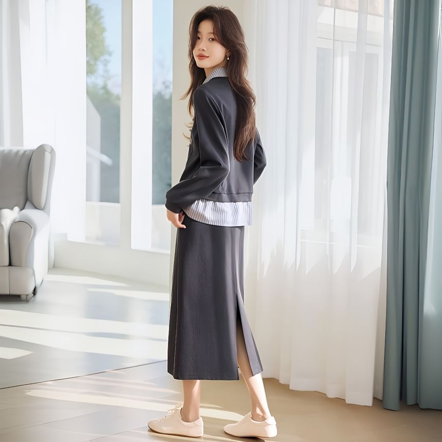 Set: Faux Two-Piece Striped Panel Sweatshirt and High-Rise Slit Midi Skirt
