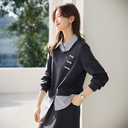 Set: Faux Two-Piece Striped Panel Sweatshirt and High-Rise Slit Midi Skirt