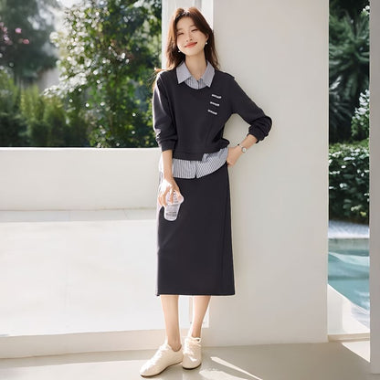 Set: Faux Two-Piece Striped Panel Sweatshirt and High-Rise Slit Midi Skirt