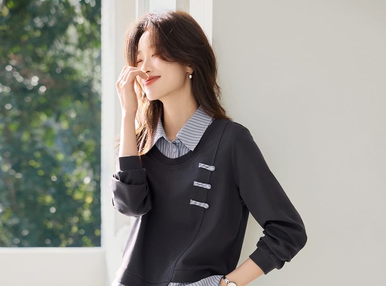 Set: Faux Two-Piece Striped Panel Sweatshirt and High-Rise Slit Midi Skirt