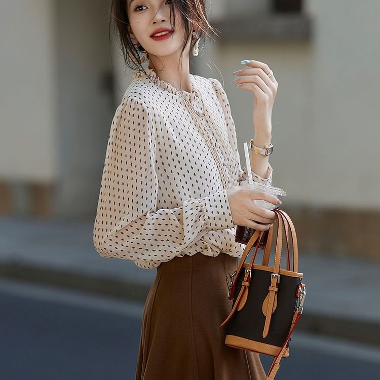 Frill-Trimmed Blouse with Dotted Pattern and Long Sleeves
