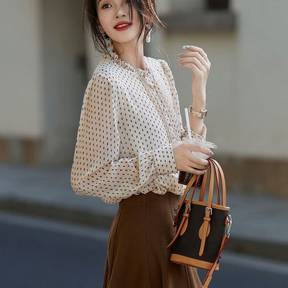 Frill-Trimmed Blouse with Dotted Pattern and Long Sleeves