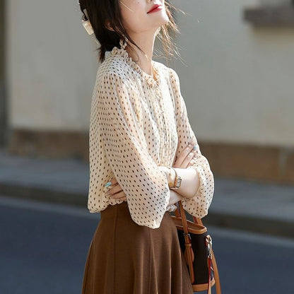 Frill-Trimmed Blouse with Dotted Pattern and Long Sleeves