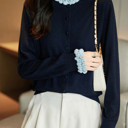 Mock Neck Contrast Ruffle Trim Cardigan