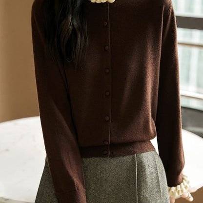 Mock Neck Contrast Ruffle Trim Cardigan