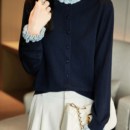 Mock Neck Contrast Ruffle Trim Cardigan