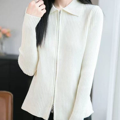 Ribbed Zip Knit Top with Collar and Long Sleeves