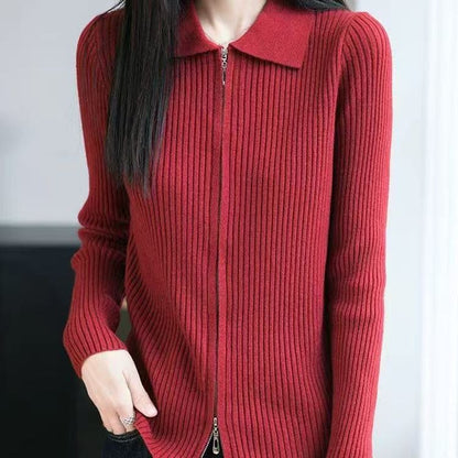 Ribbed Zip Knit Top with Collar and Long Sleeves