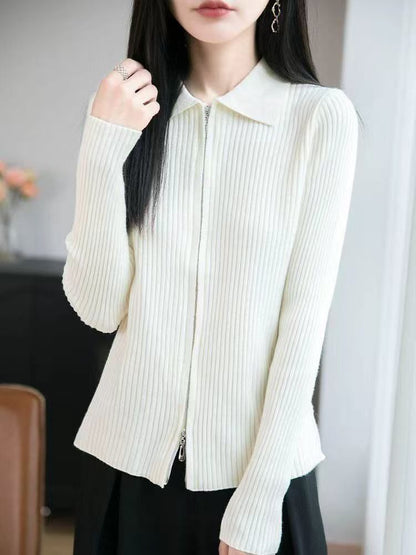 Ribbed Zip Knit Top with Collar and Long Sleeves