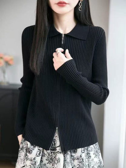 Ribbed Zip Knit Top with Collar and Long Sleeves
