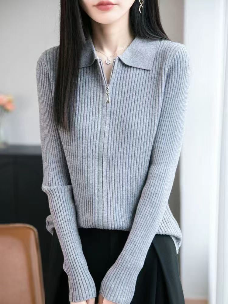 Ribbed Zip Knit Top with Collar and Long Sleeves