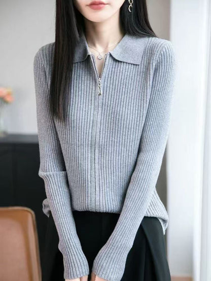 Ribbed Zip Knit Top with Collar and Long Sleeves