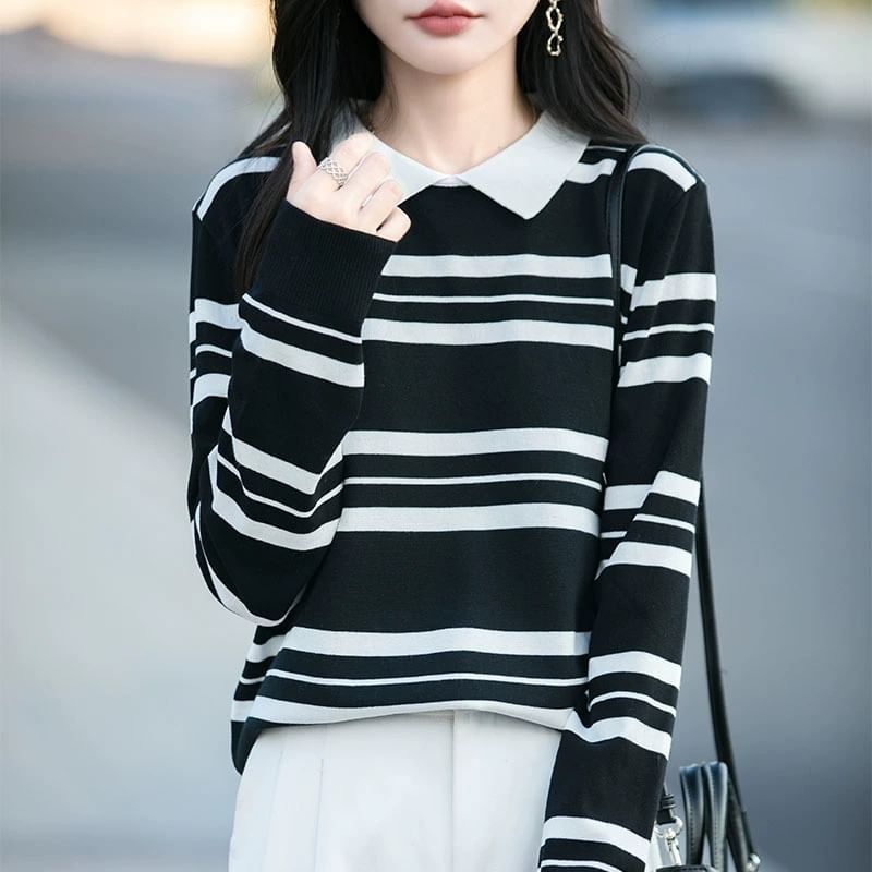 Striped Knit Top with Collar and Long Sleeves