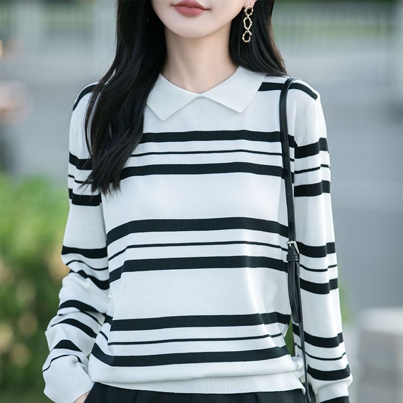 Striped Knit Top with Collar and Long Sleeves