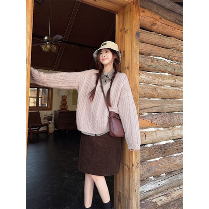 Plaid Shirt & Cable-Knit V-Neck Sweater & High Waist H-Line Skirt Set