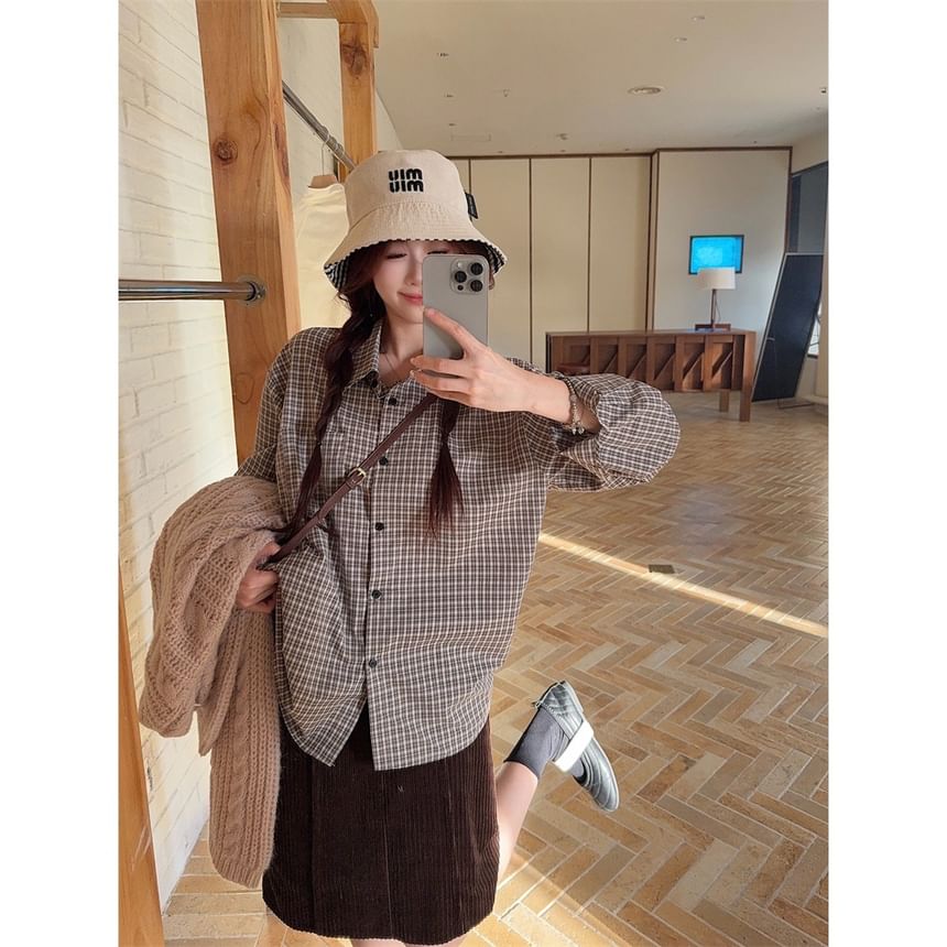 Plaid Shirt & Cable-Knit V-Neck Sweater & High Waist H-Line Skirt Set