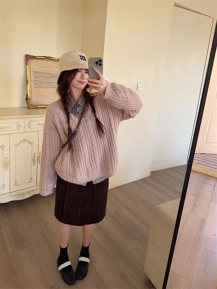 Plaid Shirt & Cable-Knit V-Neck Sweater & High Waist H-Line Skirt Set