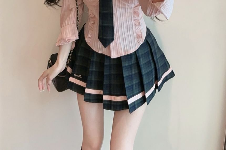 Collared Tie Neck Button Shirt & High Waist Pleated Plaid Mini Skirt Set