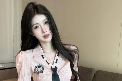 Collared Tie Neck Button Shirt & High Waist Pleated Plaid Mini Skirt Set